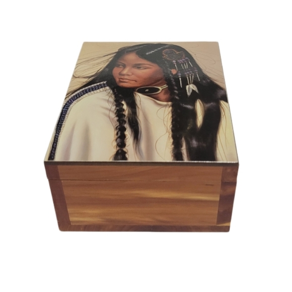 Vintage Southwest Native American Woman Wooden Box/ Jewelry Box/ Storage Box - Picture 2 of 10